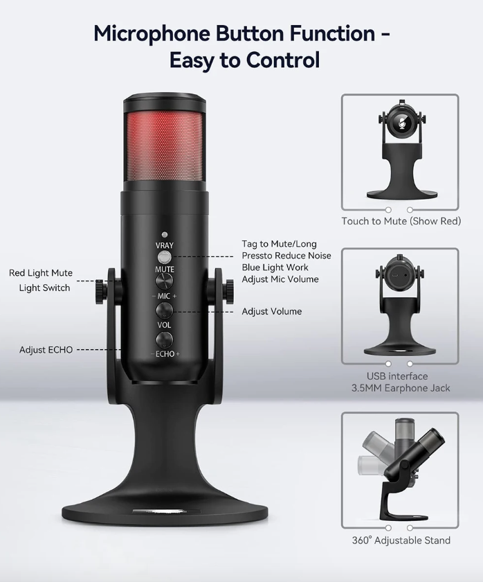 MU900PRO Microphone USB RGB pour Streaming avec éclairage RGB dynamique et diagramme polaire cardioïde pour une qualité sonore élevée