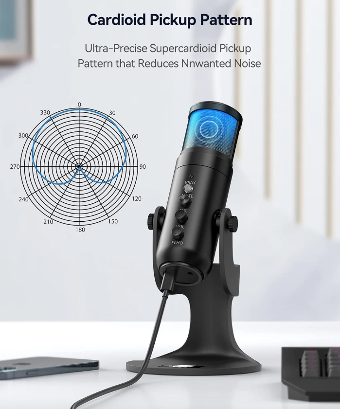MU900PRO Microphone USB RGB pour Streaming avec éclairage RGB dynamique et diagramme polaire cardioïde pour une qualité sonore élevée