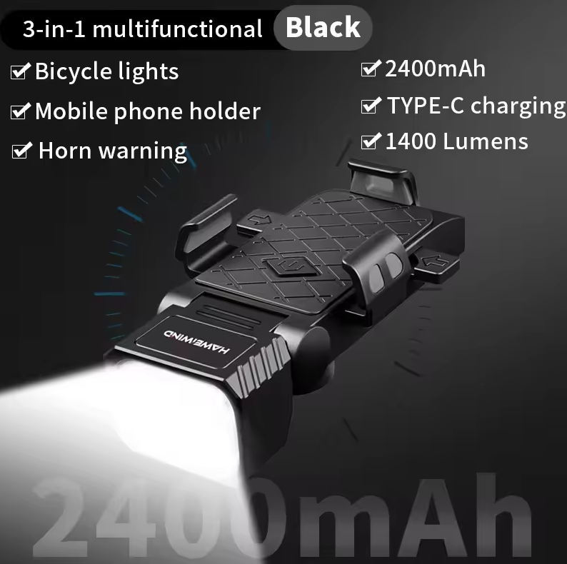 Feu avant de vélo avec klaxon et support de téléphone, phare de cyclisme multifonctionnel, lampe support de téléphone, accessoires de cyclisme