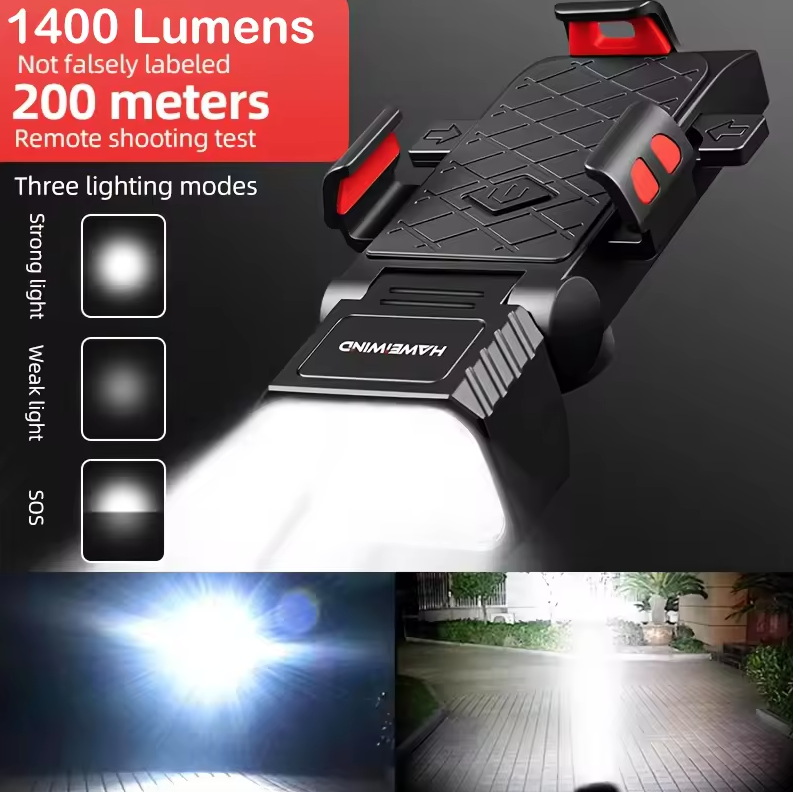 Feu avant de vélo avec klaxon et support de téléphone, phare de cyclisme multifonctionnel, lampe support de téléphone, accessoires de cyclisme