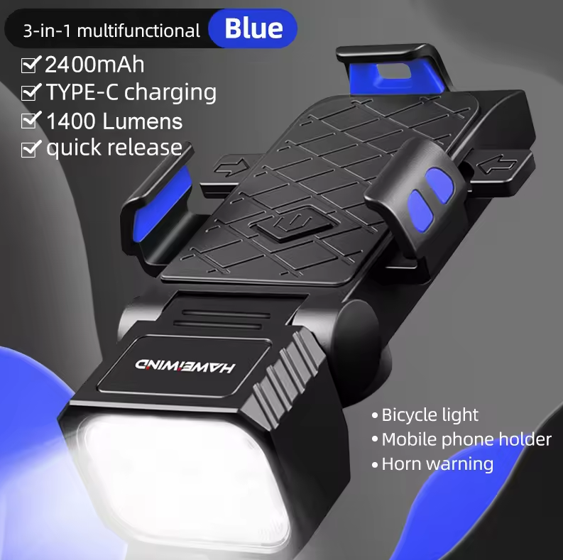 Feu avant de vélo avec klaxon et support de téléphone, phare de cyclisme multifonctionnel, lampe support de téléphone, accessoires de cyclisme