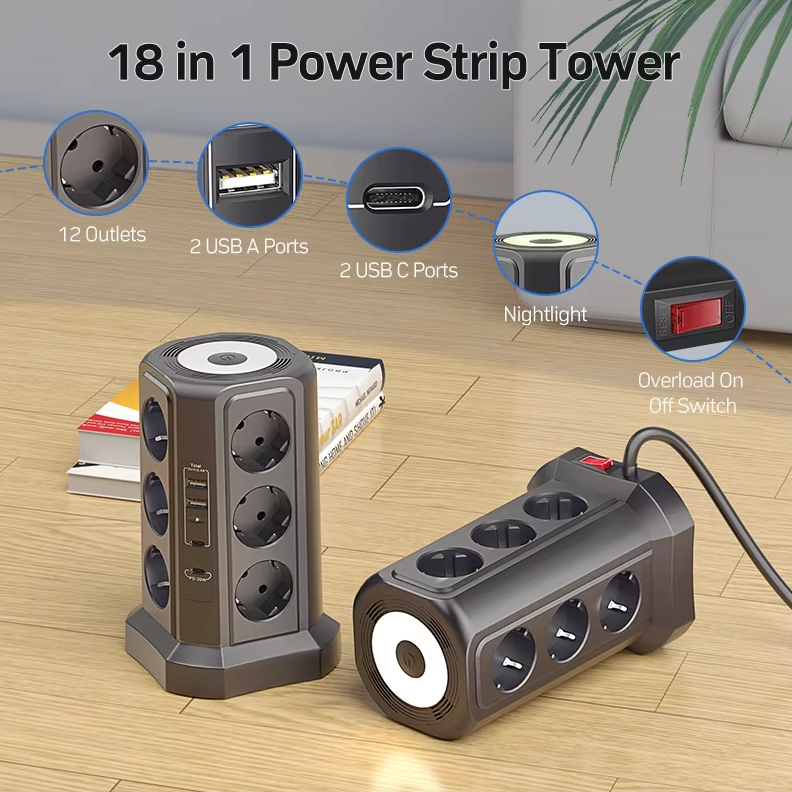 Protecteur de surtension multiprise UE 4000W 16A avec port USB, multiprise avec veilleuse