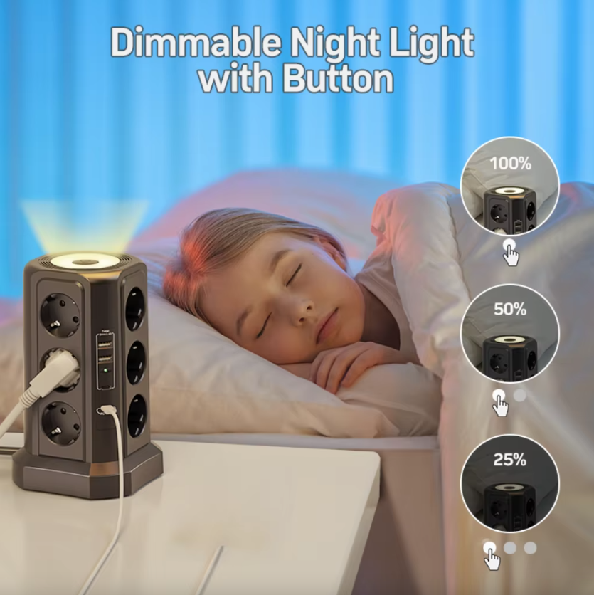 Protecteur de surtension multiprise UE 4000W 16A avec port USB, multiprise avec veilleuse