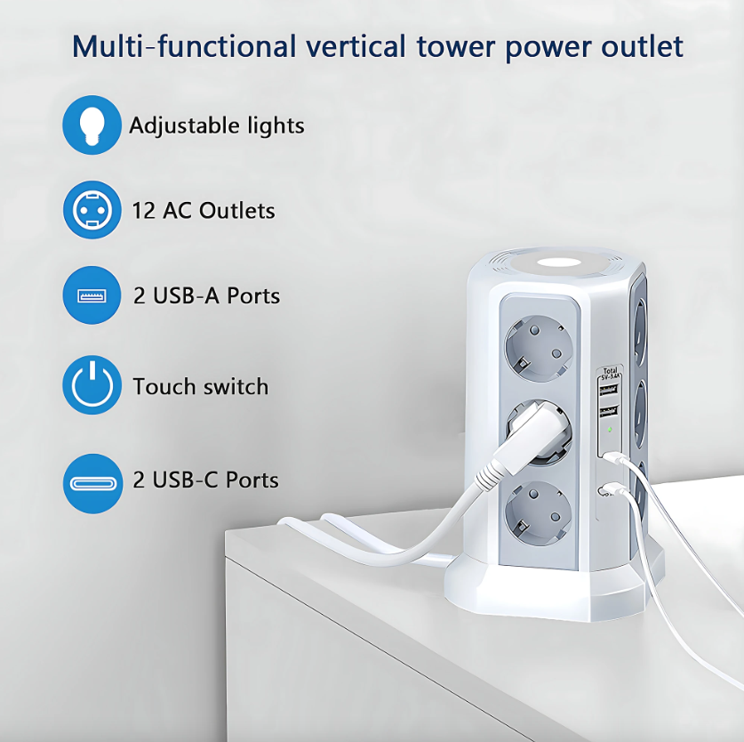 Protecteur de surtension multiprise UE 4000W 16A avec port USB, multiprise avec veilleuse