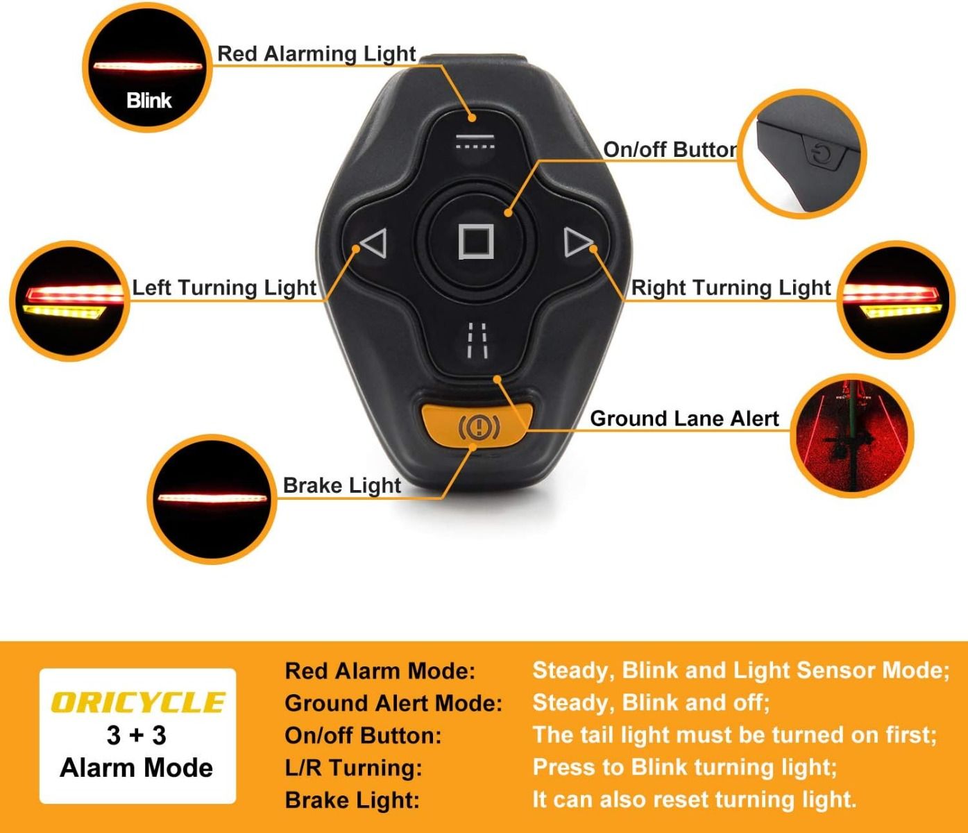 C1 Feu arrière de vélo rechargeable LED - Télécommande, feux de virage, alerte de voie au sol, installation facile pour feu d'avertissement de sécurité cycliste