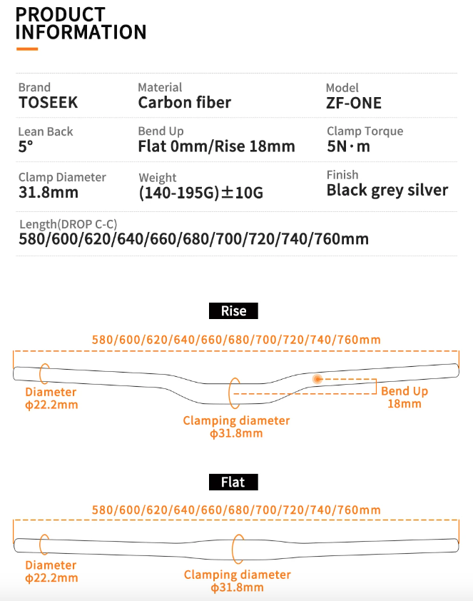 TOSEEK ZF-ONE Guidon carbone VTT 31,8 mm Léger noir mat 580 mm 760 mm Design ergonomique Qualité premium