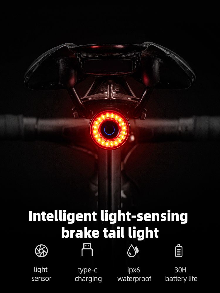 ROCKBROS Q3 Feu arrière de vélo avec capteur de frein intelligent, étanche IPX6 pour la sécurité en VTT et cyclisme sur route