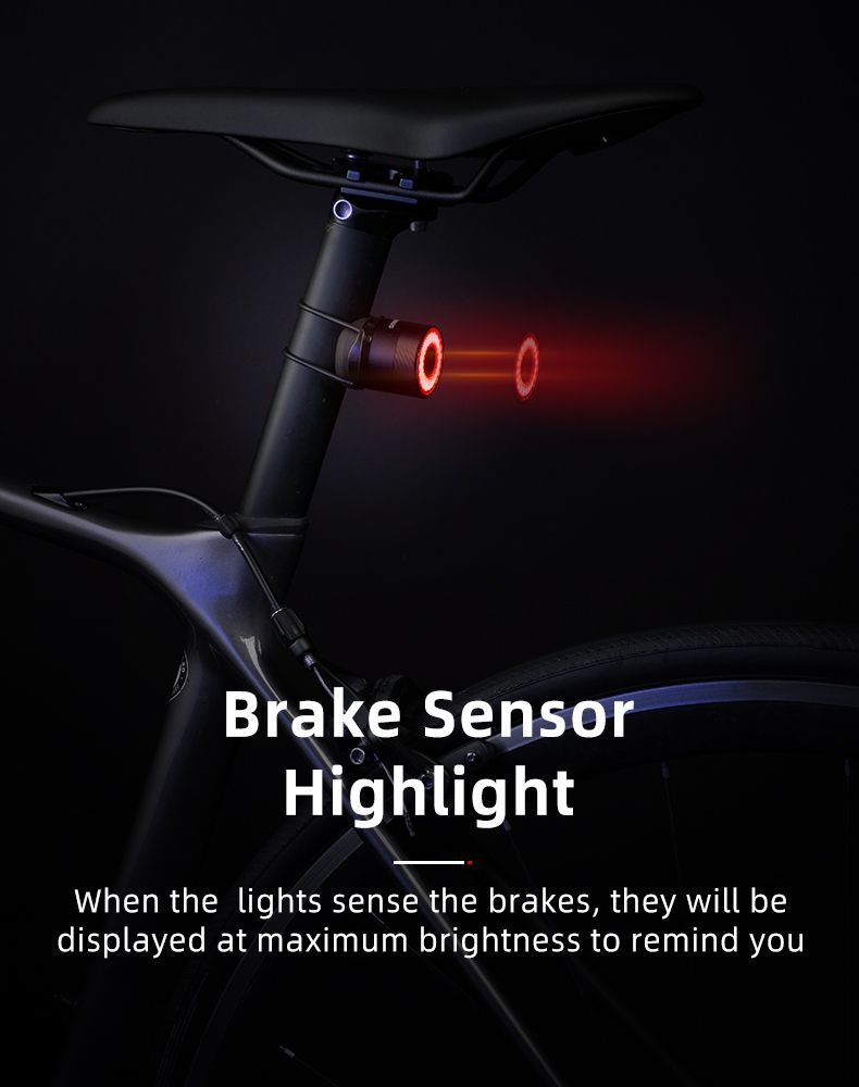 ROCKBROS Q3 Feu arrière de vélo avec capteur de frein intelligent, étanche IPX6 pour la sécurité en VTT et cyclisme sur route