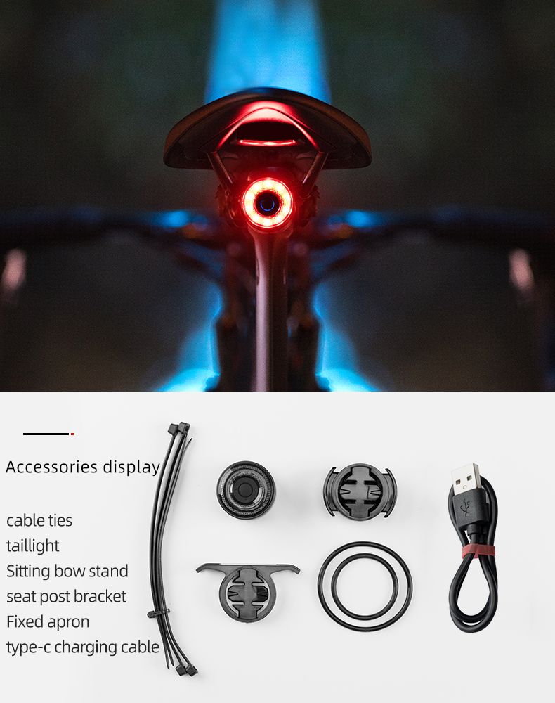 ROCKBROS Q3 Feu arrière de vélo avec capteur de frein intelligent, étanche IPX6 pour la sécurité en VTT et cyclisme sur route