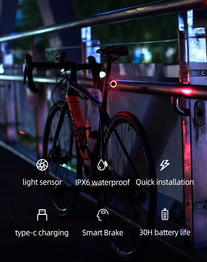 ROCKBROS Q3 Feu arrière de vélo avec capteur de frein intelligent, étanche IPX6 pour la sécurité en VTT et cyclisme sur route