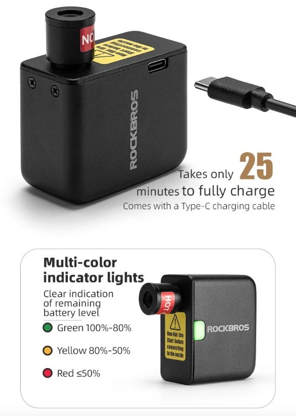 ROCKBROS Mini pompe à air électrique portable 100PSI rechargeable durable gonfleur de pneus pour vélo moto voiture