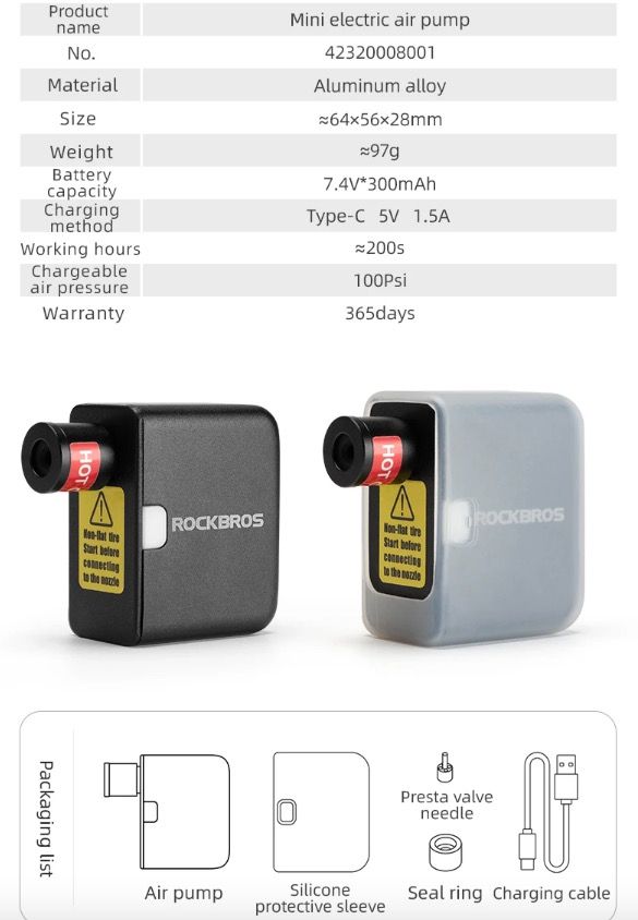 ROCKBROS Mini pompe à air électrique portable 100PSI rechargeable durable gonfleur de pneus pour vélo moto voiture