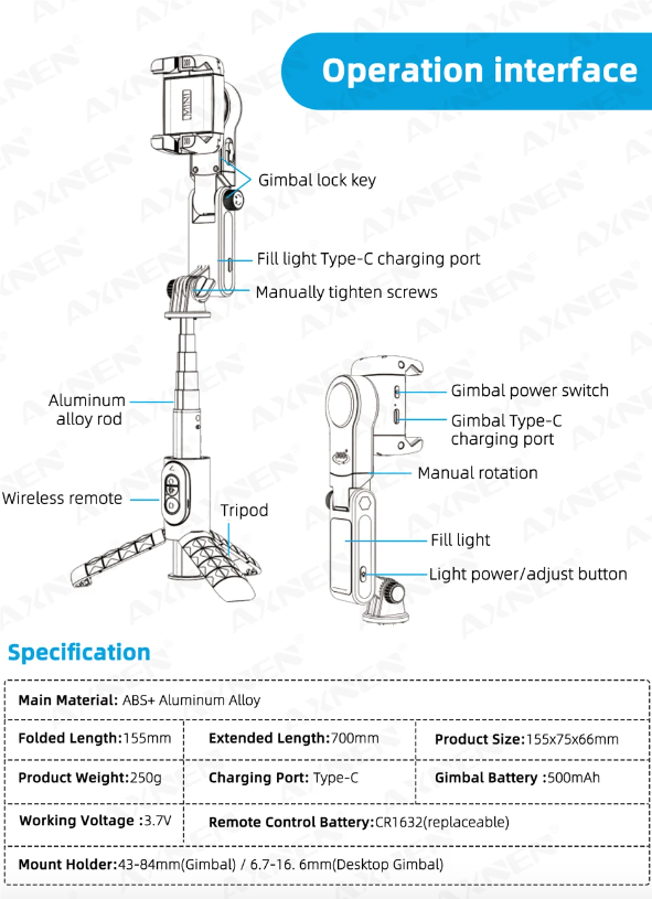 Perche à selfie Q18 avec rotation à 360° et stabilisateur de cardan à suivi intelligent pour une photographie mobile stable