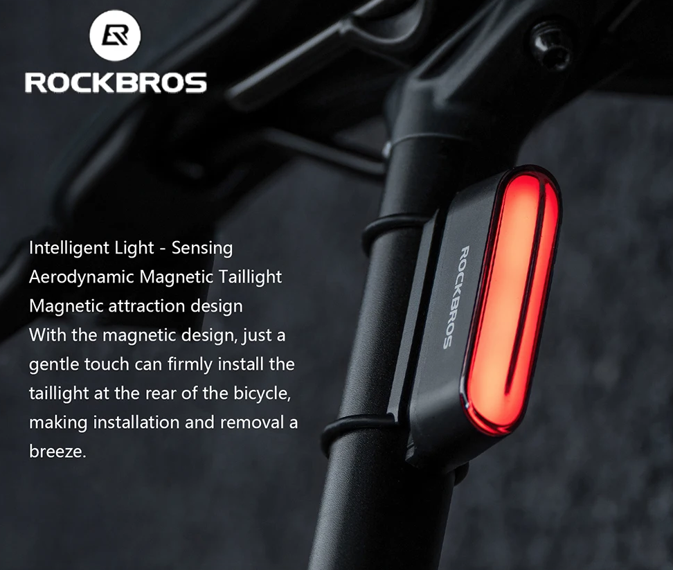 ROCKBROS Feu arrière magnétique pour vélo IPX6 étanche 7 modes capteur intelligent feu d'avertissement de sécurité nocturne accessoires de cyclisme