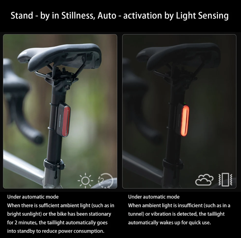 ROCKBROS Feu arrière magnétique pour vélo IPX6 étanche 7 modes capteur intelligent feu d'avertissement de sécurité nocturne accessoires de cyclisme