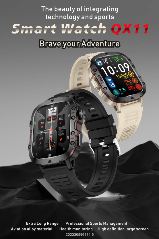 QX11 Smart Watch Homme IP68 5ATM Sports Extérieur Fitness Tracker Moniteur de Santé 1.96" Appel BT Smartwatch