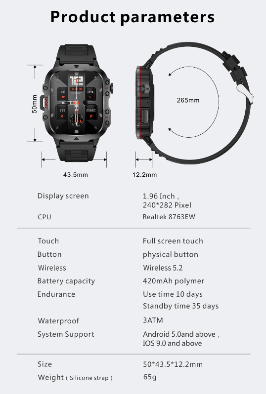 QX11 Smart Watch Homme IP68 5ATM Sports Extérieur Fitness Tracker Moniteur de Santé 1.96" Appel BT Smartwatch