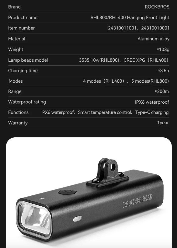 ROCKBROS RHL-1000LUMEN Phare avant de vélo étanche à LED pour cyclisme, rechargeable avec port Type-C, pour les sorties nocturnes