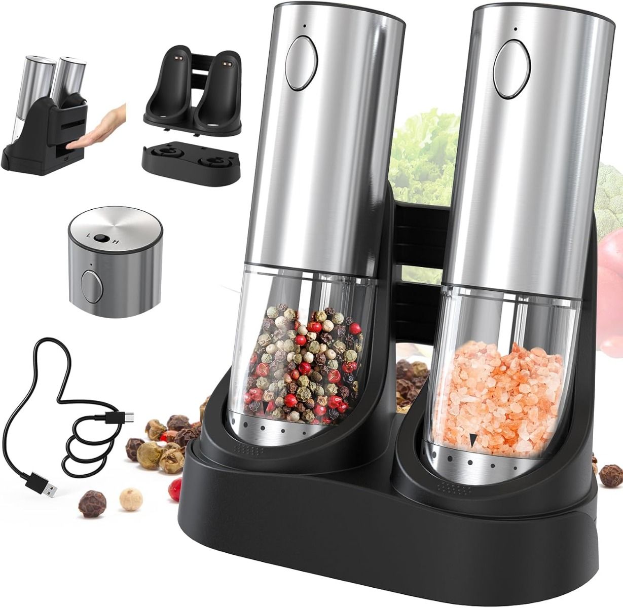 Kit Moulin Électrique Sel Poivre Rechargeable Acier Inox 2 Vitesses, Base de Charge, Ustensile Cuisine Moderne