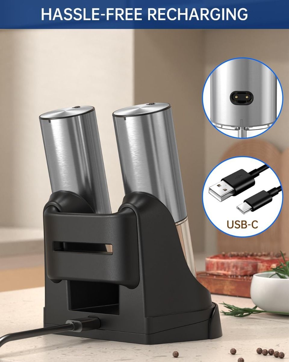 Kit Moulin Électrique Sel Poivre Rechargeable Acier Inox 2 Vitesses, Base de Charge, Ustensile Cuisine Moderne