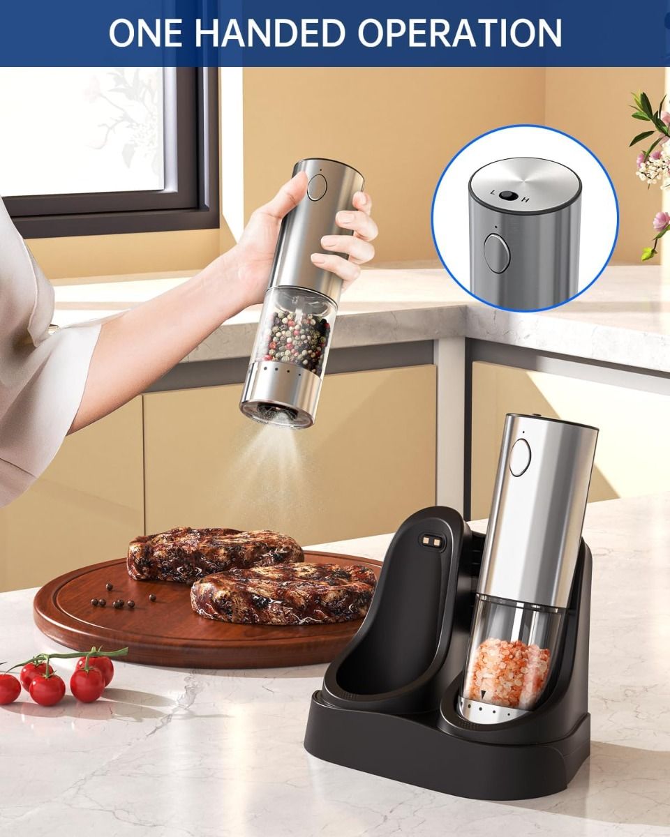 Kit Moulin Électrique Sel Poivre Rechargeable Acier Inox 2 Vitesses, Base de Charge, Ustensile Cuisine Moderne