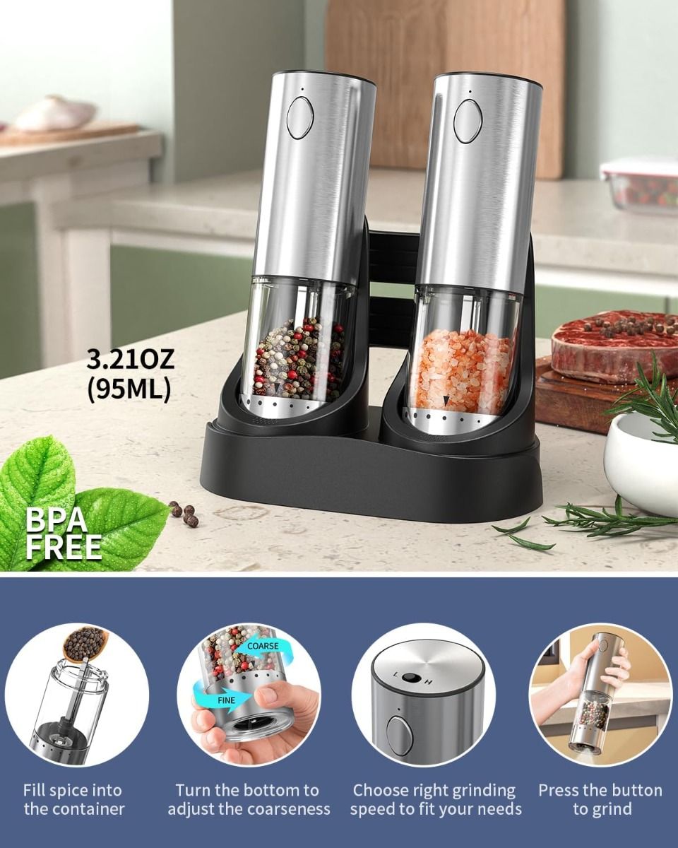 Kit Moulin Électrique Sel Poivre Rechargeable Acier Inox 2 Vitesses, Base de Charge, Ustensile Cuisine Moderne