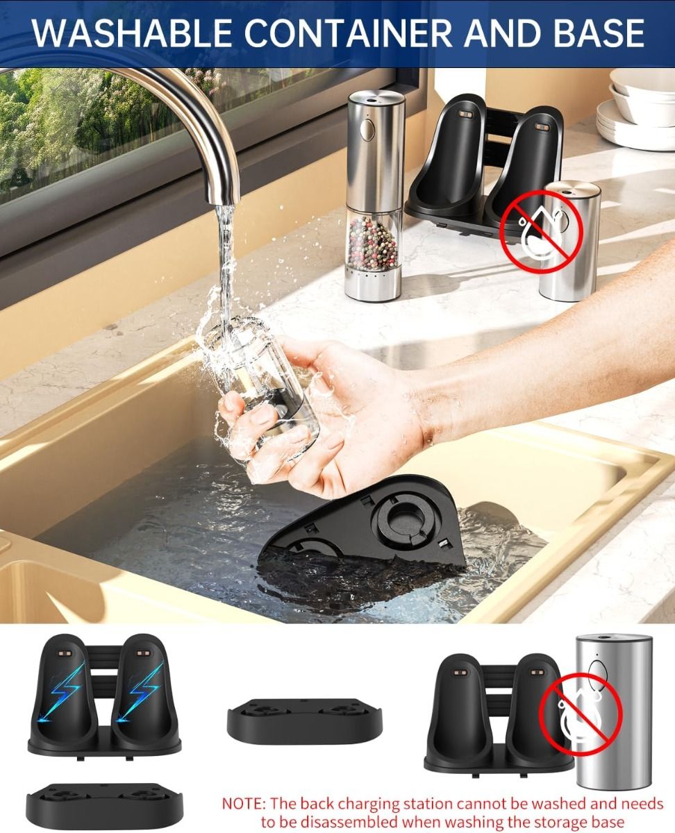 Kit Moulin Électrique Sel Poivre Rechargeable Acier Inox 2 Vitesses, Base de Charge, Ustensile Cuisine Moderne