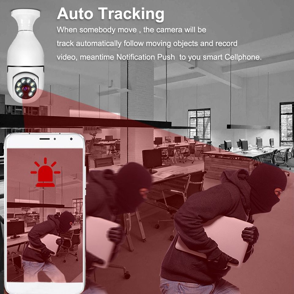 Caméra de surveillance ampoule E27 Wi-Fi 5G, maison intelligente, vision nocturne, connectivité double bande, détection de mouvement.