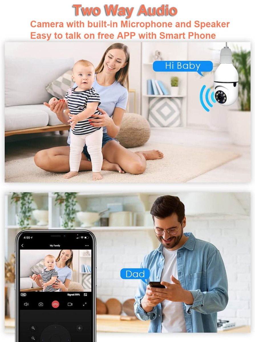 Caméra de surveillance ampoule E27 Wi-Fi 5G, maison intelligente, vision nocturne, connectivité double bande, détection de mouvement.