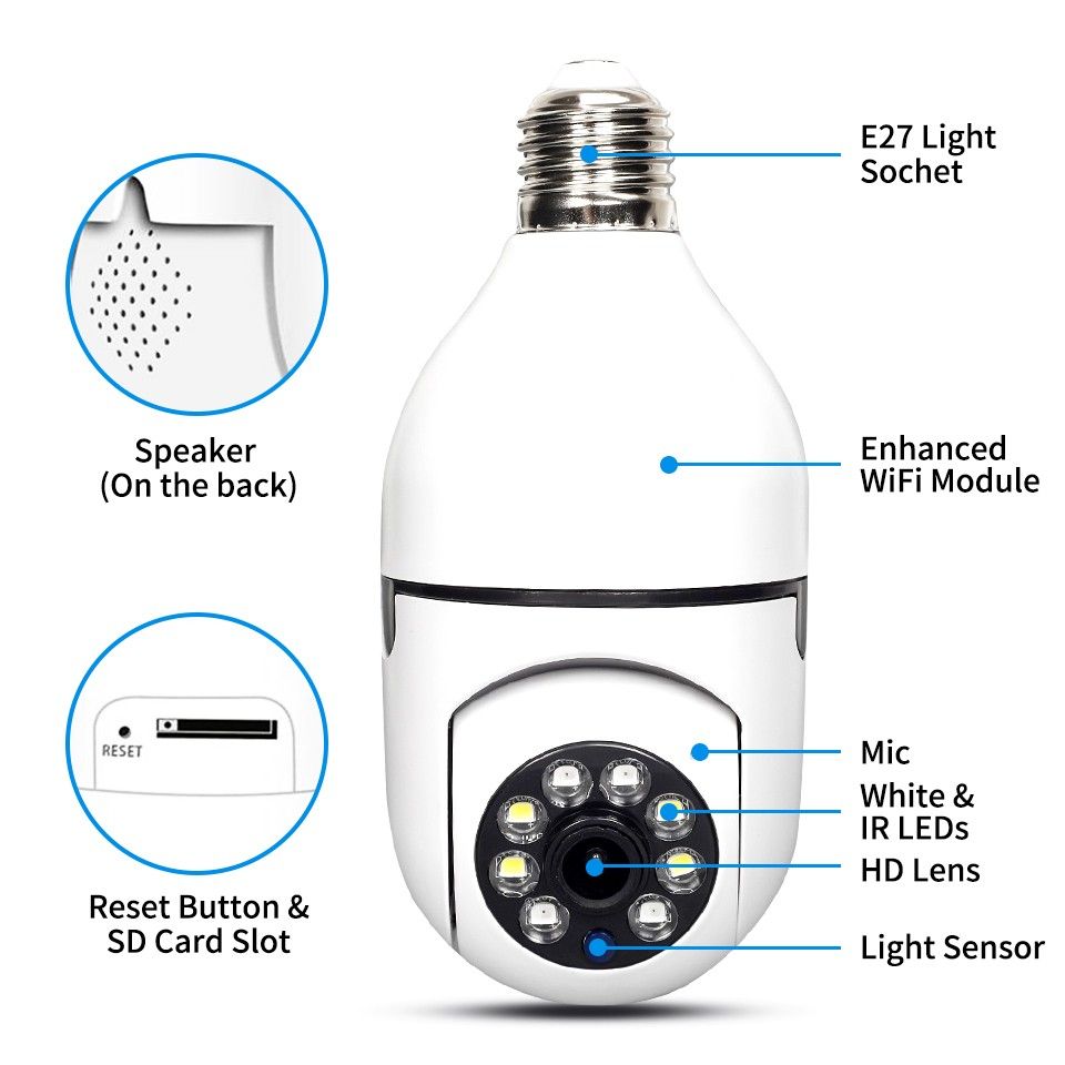 Caméra de surveillance ampoule E27 Wi-Fi 5G, maison intelligente, vision nocturne, connectivité double bande, détection de mouvement.