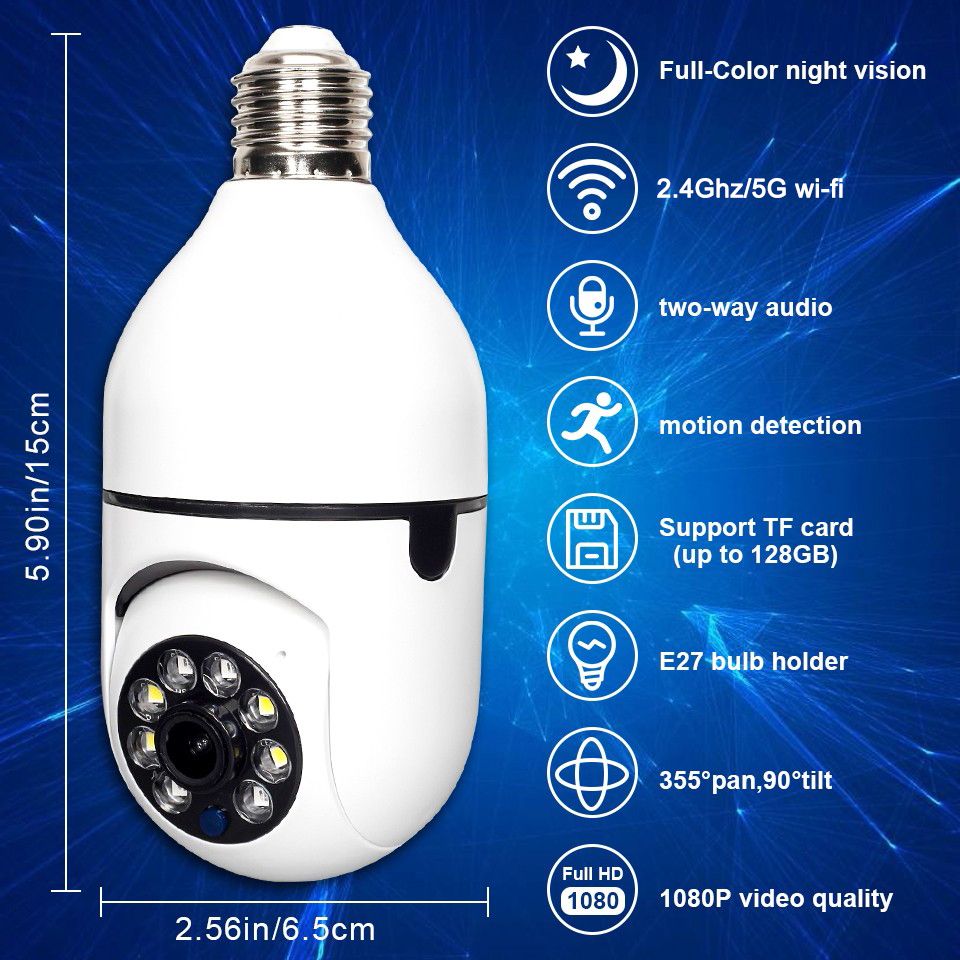 Caméra de surveillance ampoule E27 Wi-Fi 5G, maison intelligente, vision nocturne, connectivité double bande, détection de mouvement.