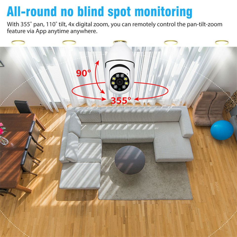 Caméra de surveillance ampoule E27 Wi-Fi 5G, maison intelligente, vision nocturne, connectivité double bande, détection de mouvement.