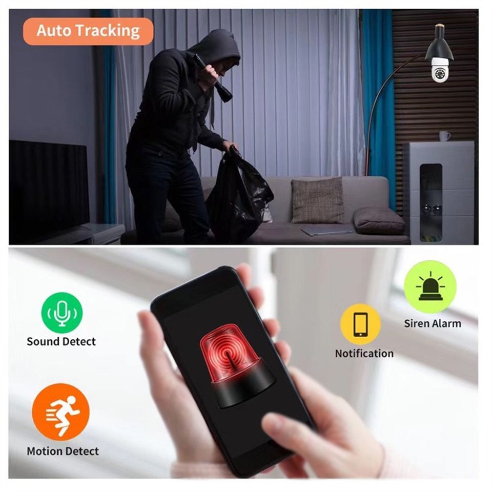 Caméra de surveillance ampoule E27 Wi-Fi 5G, maison intelligente, vision nocturne, connectivité double bande, détection de mouvement.