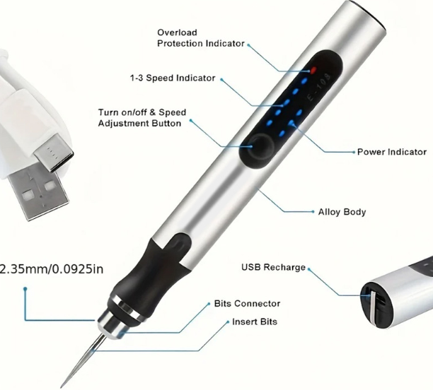 Stylo graveur rechargeable par USB avec 35 embouts, mini graveur électrique, outils rotatifs sans fil pour graver bijoux, pierre, métal, plastique, bois, résine - Modèle