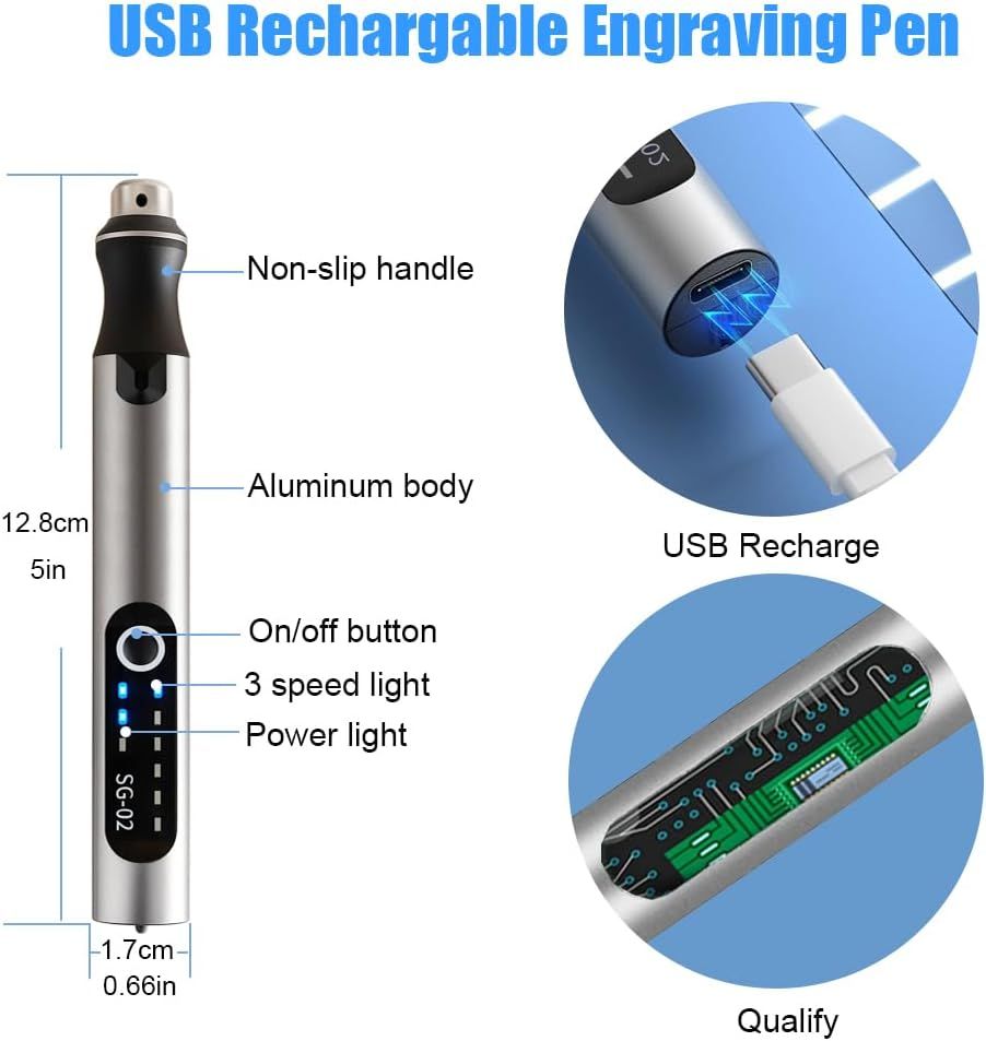 Stylo graveur rechargeable par USB avec 35 embouts, mini graveur électrique, outils rotatifs sans fil pour graver bijoux, pierre, métal, plastique, bois, résine - Modèle