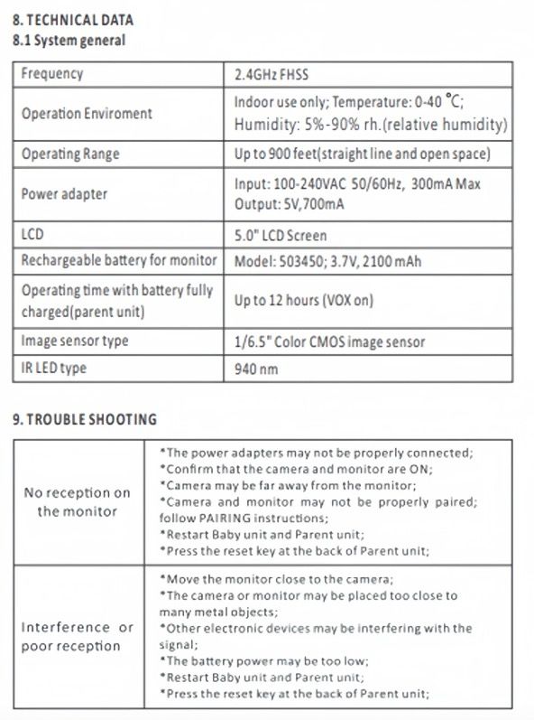 Moniteur bébé 5 pouces caméra SM650 vidéo HD 720P audio bidirectionnel surveillance infantile batterie longue durée
