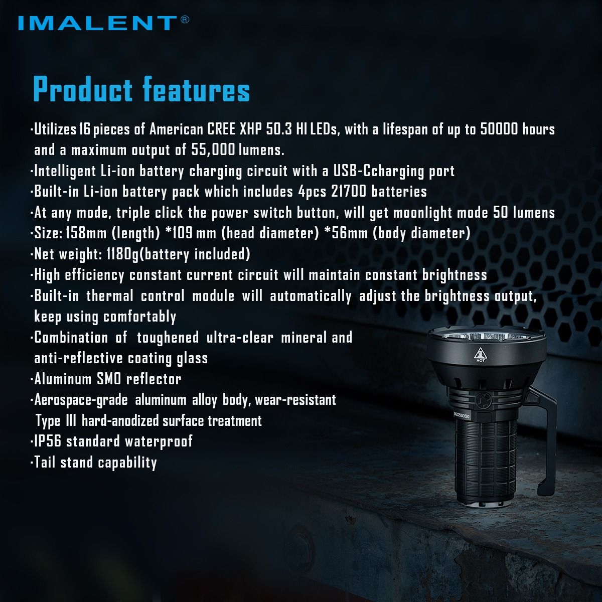 IMALENT SR16: 55000 lumens, 1715 mètres de lumière intense. Idéal pour l'exploration nocturne.