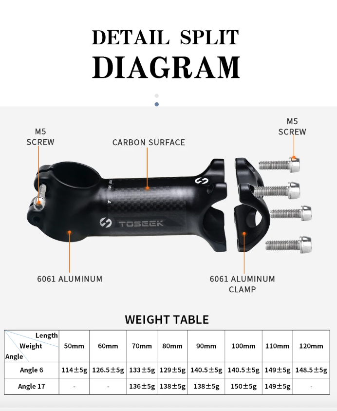 Tige de guidon VTT TOSEEK 28.6mm Angle réglable Léger Aluminium Carbone pour passionnés de cyclisme