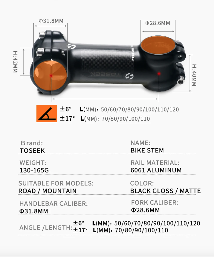 Tige de guidon VTT TOSEEK 28.6mm Angle réglable Léger Aluminium Carbone pour passionnés de cyclisme