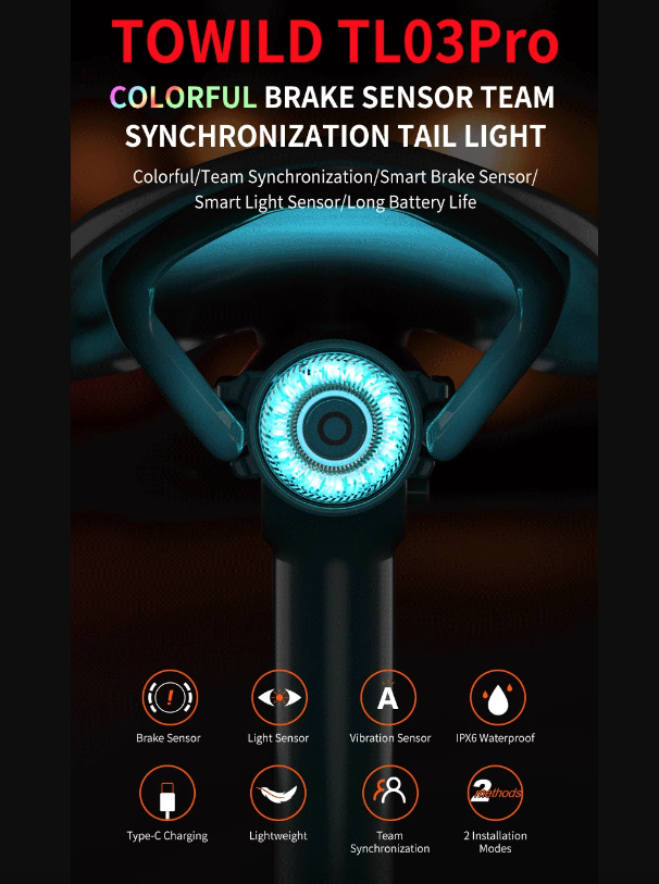 TOWILD TL03Pro Feu Arrière de Vélo LED avec Capteur de Frein Intelligent, Flash Sept Couleurs, Accessoire de Vélo Durable