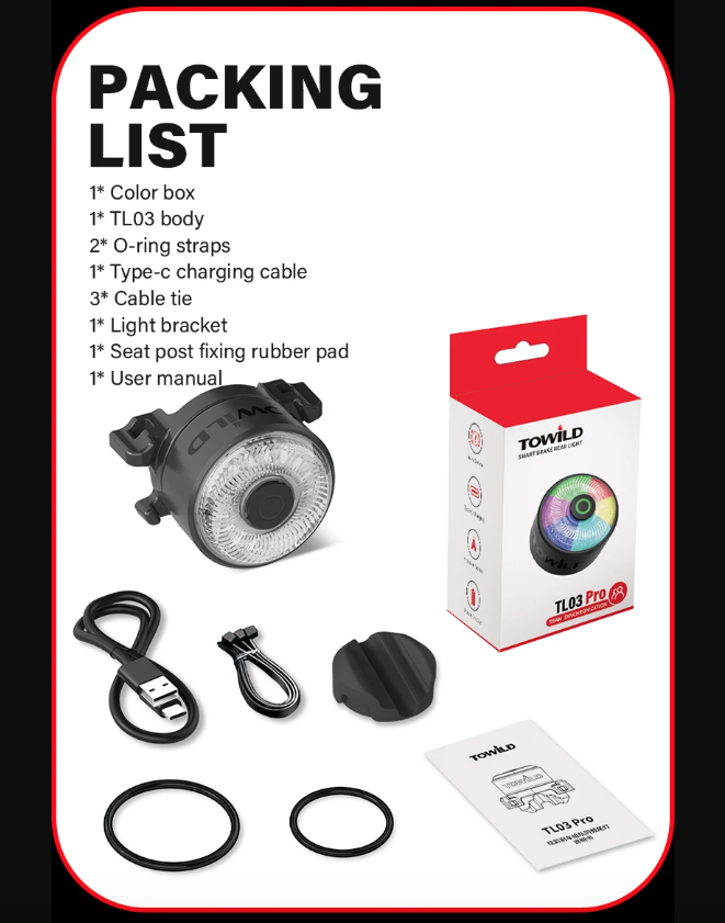 TOWILD TL03Pro Feu Arrière de Vélo LED avec Capteur de Frein Intelligent, Flash Sept Couleurs, Accessoire de Vélo Durable