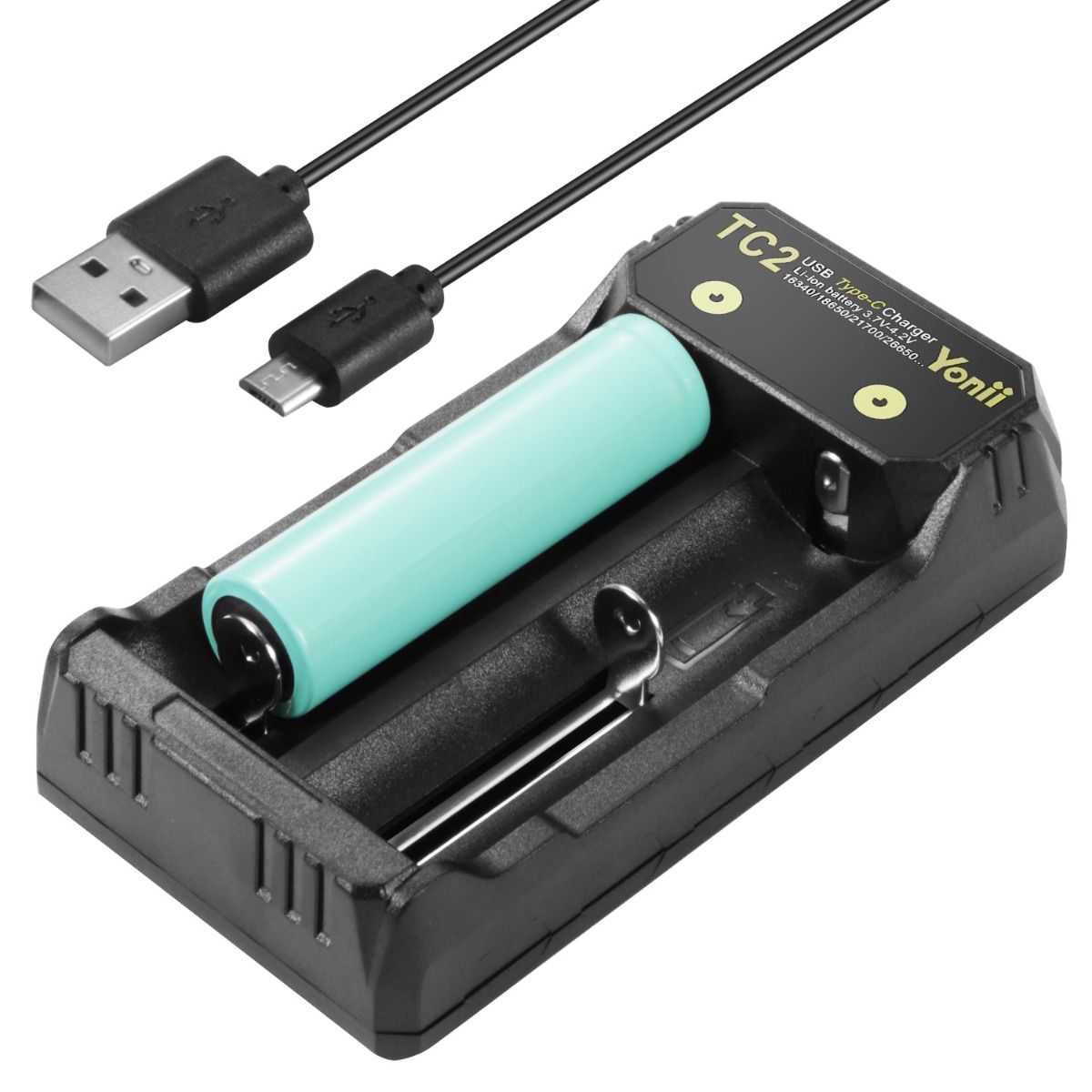 Chargeur USB Type-C TC2, charge rapide 4,2 V pour batteries Li-ion 18650/21700, double ports pour équipement extérieur.