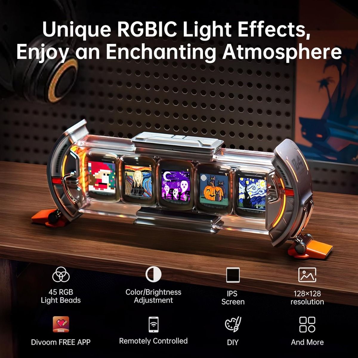 Divoom Times Gate Horloge Cyberpunk pour Setup Gamer | Réveil Numérique LED RGB Pixel Art & Tableau Bitcoin WiFi