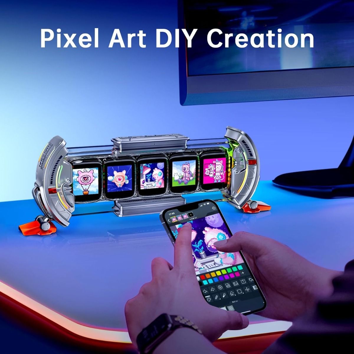 Divoom Times Gate Horloge Cyberpunk pour Setup Gamer | Réveil Numérique LED RGB Pixel Art & Tableau Bitcoin WiFi