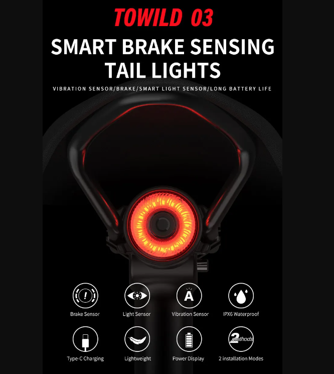 TOWILD TL03 Feu arrière vélo intelligent à détection automatique de freinage LED avec cinq modes de clignotement