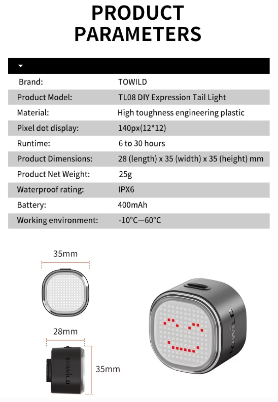 TOWILD TL08 Feu arrière de vélo, Feu arrière de vélo full-color à motifs personnalisés, Détection de freinage, Feux arrière de vélo rechargeables USB-C
