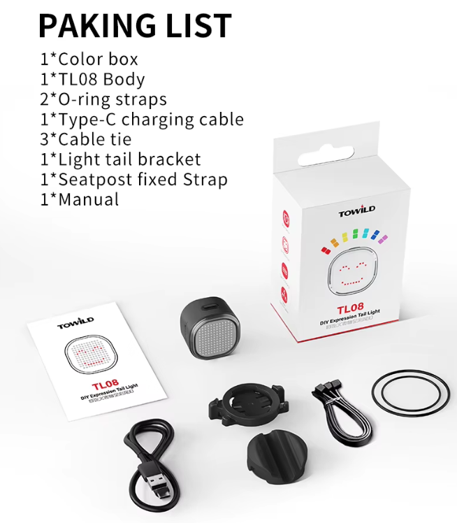 TOWILD TL08 Feu arrière de vélo, Feu arrière de vélo full-color à motifs personnalisés, Détection de freinage, Feux arrière de vélo rechargeables USB-C