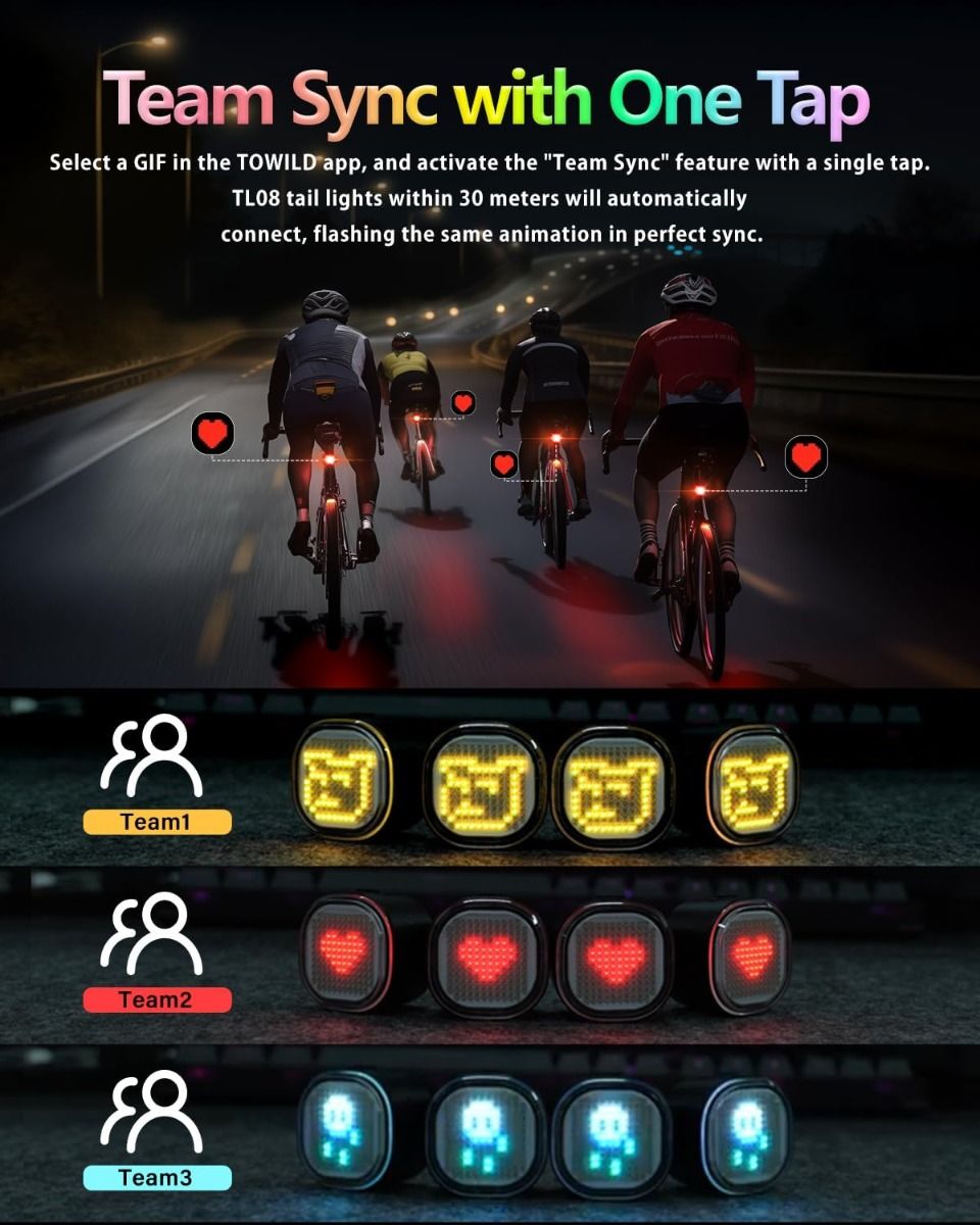 TOWILD TL08 Feu arrière de vélo, Feu arrière de vélo full-color à motifs personnalisés, Détection de freinage, Feux arrière de vélo rechargeables USB-C
