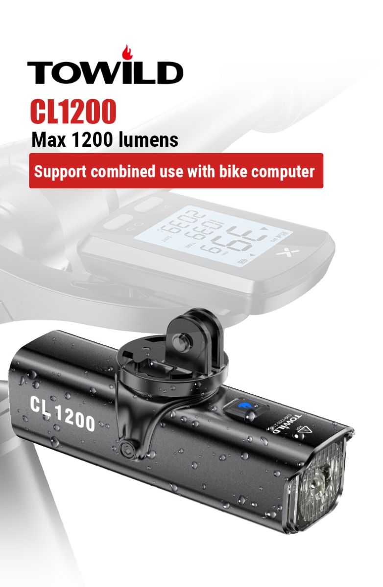 TOWILD CL1200 1200LM Feu avant de vélo rechargeable par USB avec télécommande sans fil pour la sécurité à vélo de nuit