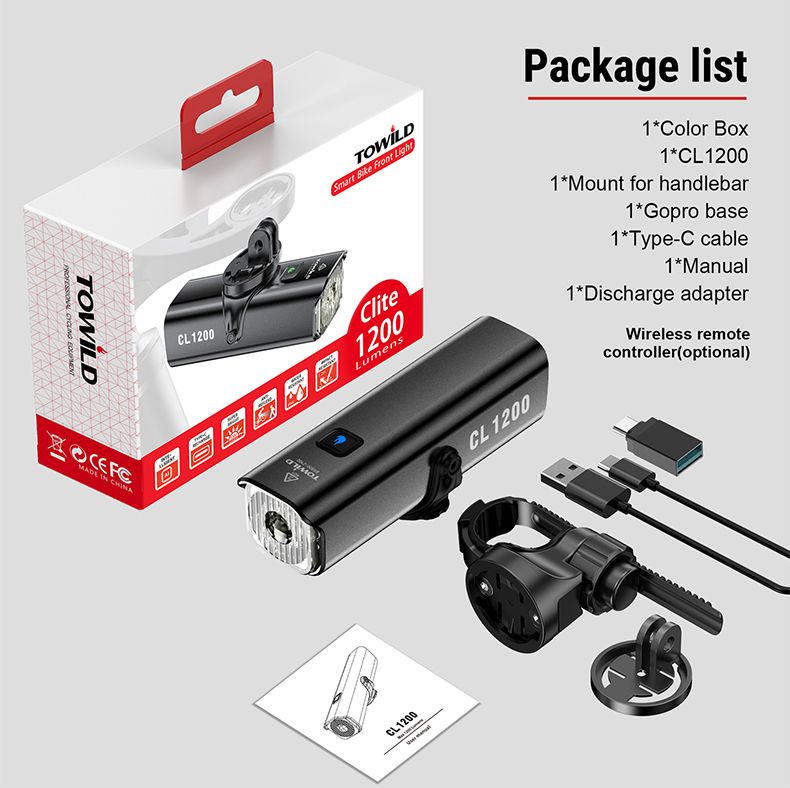 TOWILD CL1200 1200LM Feu avant de vélo rechargeable par USB avec télécommande sans fil pour la sécurité à vélo de nuit